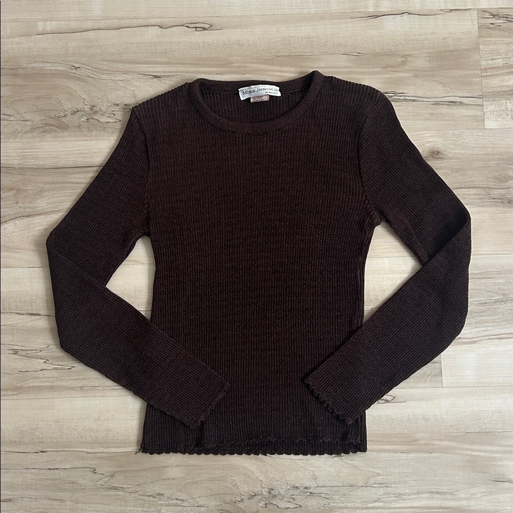 Miss Jessica Chocolate Long Sleeve Ribbed Top Size Medium